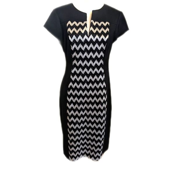 Connected Apparel short sleeve black knee length dress w/ chevron sparkle 10 - Picture 1 of 6